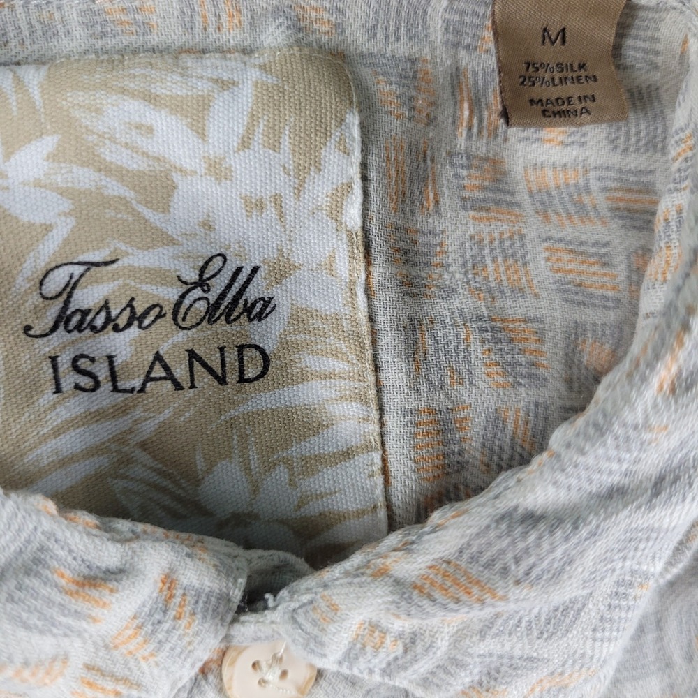 Tasso Elba Island Shirt Mens Size Medium Grey Silk Linen Geometric Button Up S/S - Picture 2 of 8